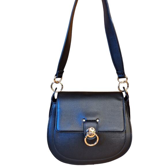 Badgley Mischka shoulder strap saddle bag faux leather black o ring trendy purse - Picture 1 of 7